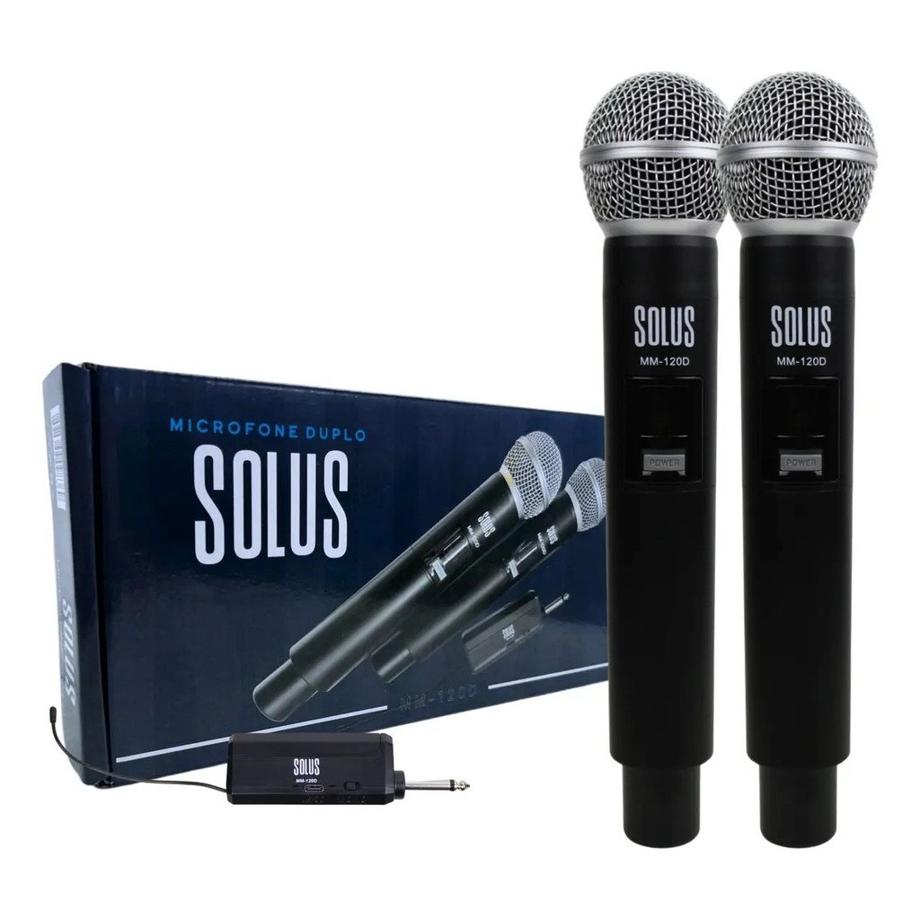 Microfone Sem Fio Duplo Solus MM120D VHF Recarregável USB-C Alcance 50m Karaokê Igreja Palestra Receptor P10